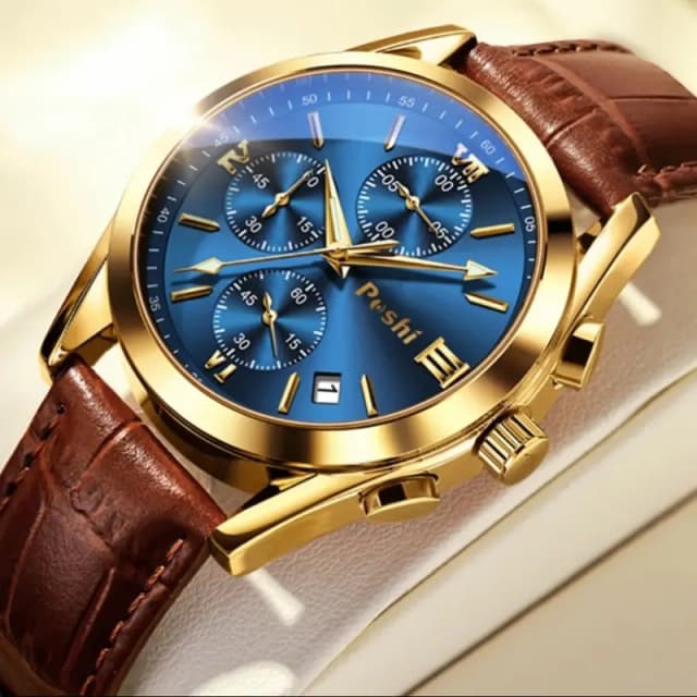PESHI Elegant Chronograph Mens Watch  Royal Blue & Gold Edition