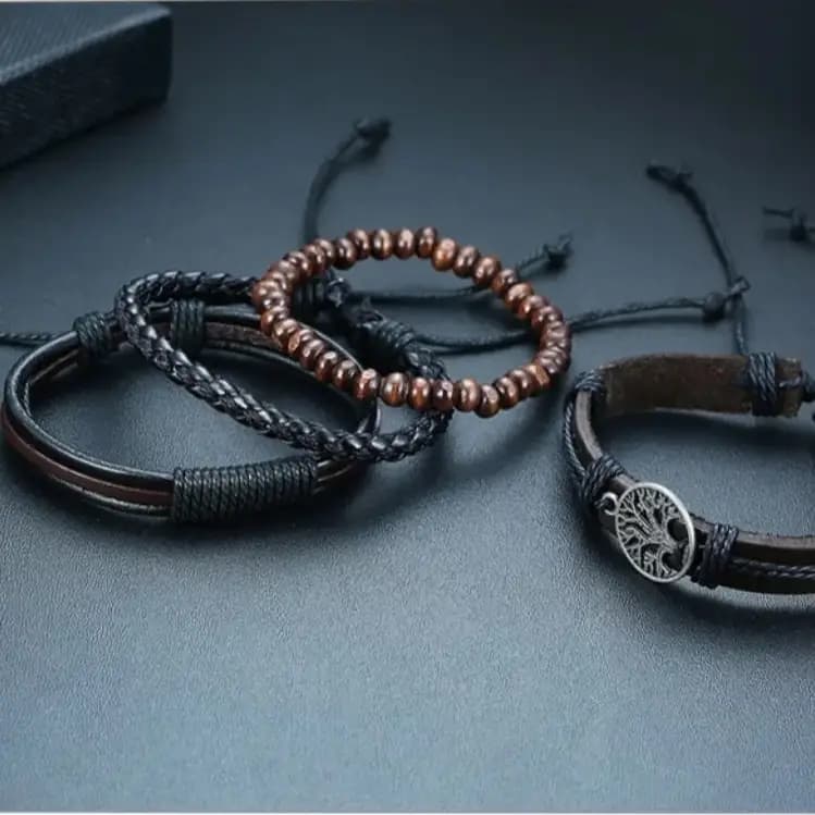Vintage Leather & Bead Bracelet Set for Men  4-Piece Combo