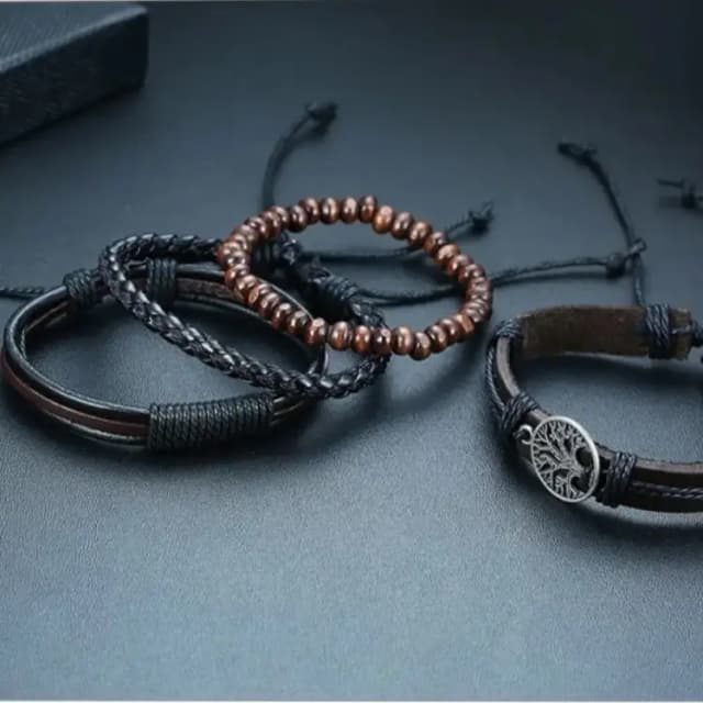 Vintage Leather & Bead Bracelet Set for Men  4-Piece Combo