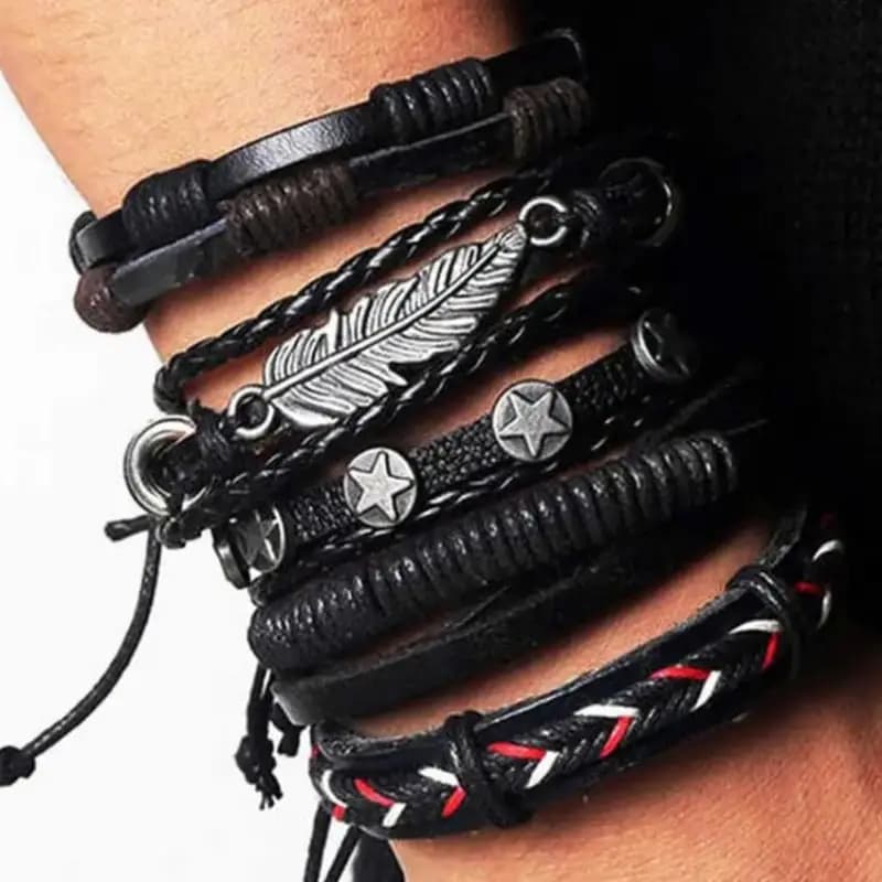 Pack of 5 Punk Leather Knitted Rope Multilayer Bracelets for Men and Boys