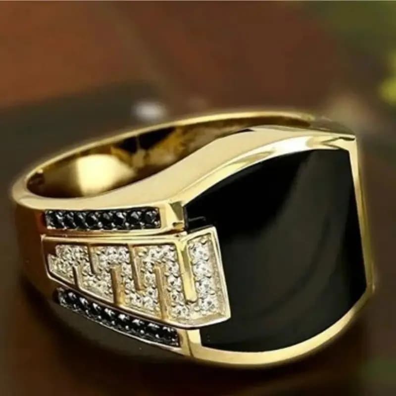Classic Men's Fashion Ring  Gold Finish with Black Stone & Zircon Detailing