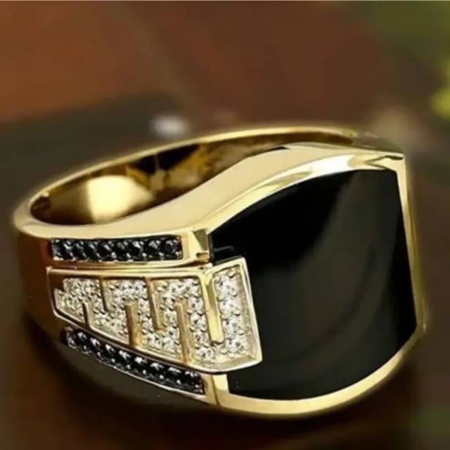 Classic Men's Fashion Ring  Gold Finish with Black Stone & Zircon Detailing