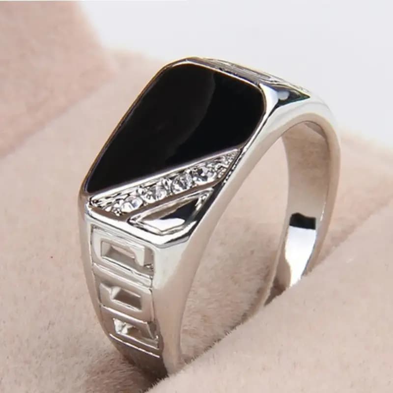 Mens Elegant Silver Ring  Triangle Black Stone with Rhinestone Detail | Wide Band Design