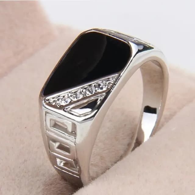 Mens Elegant Silver Ring  Triangle Black Stone with Rhinestone Detail | Wide Band Design