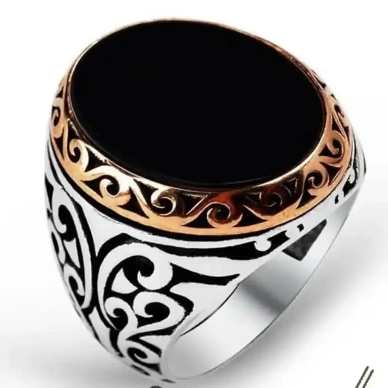 Antique-Inspired Men's Ring  Black Stone with Gold Accent & Tribal Pattern Design